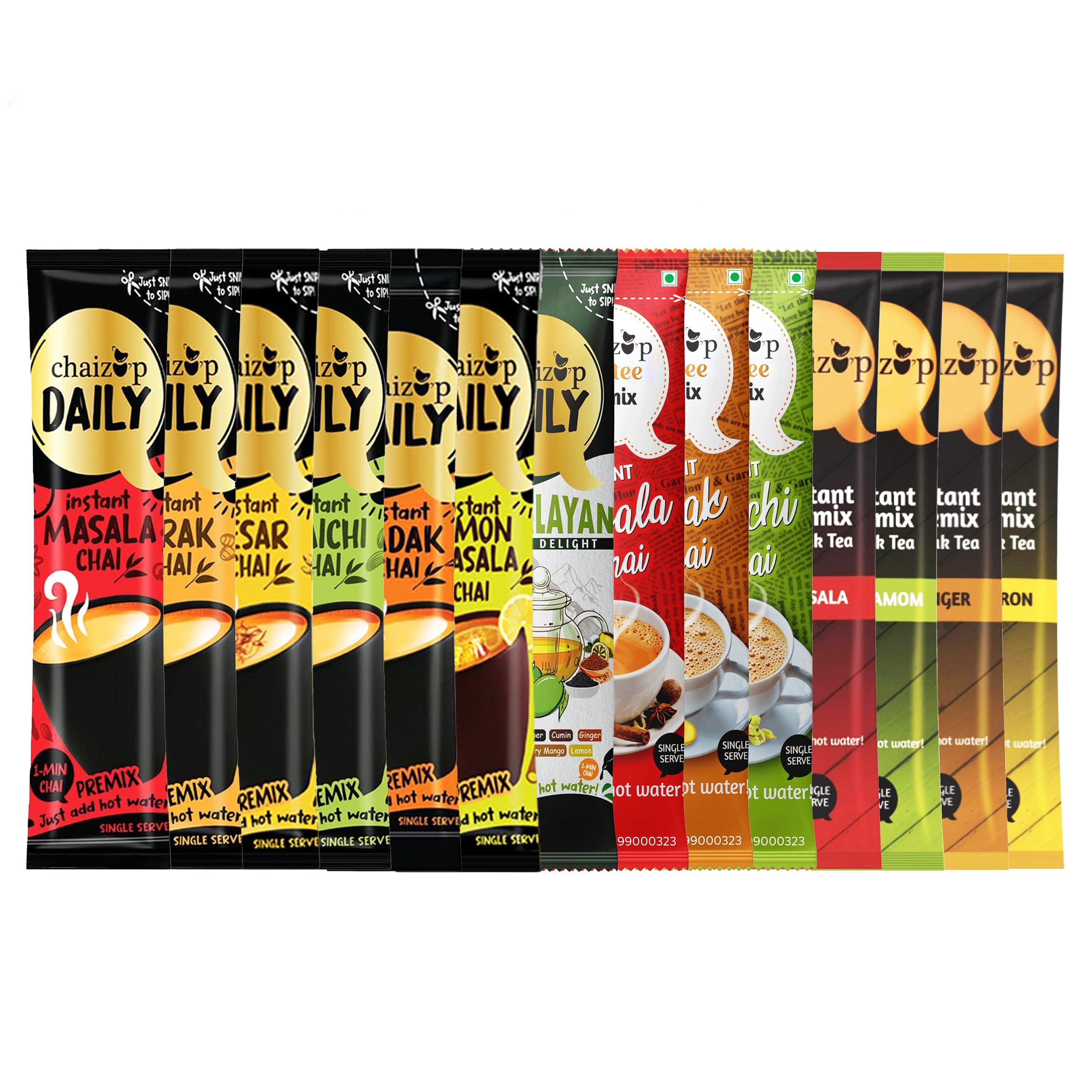 Chaizup Instant Premix Tea – 3 Unique Ranges: Daily (7 Flavors), Dimtee (3 Flavors), Premium (4 Flavors) | 14 Sachets (1 Sachets Per Flavor) | Assorted Combo Pack